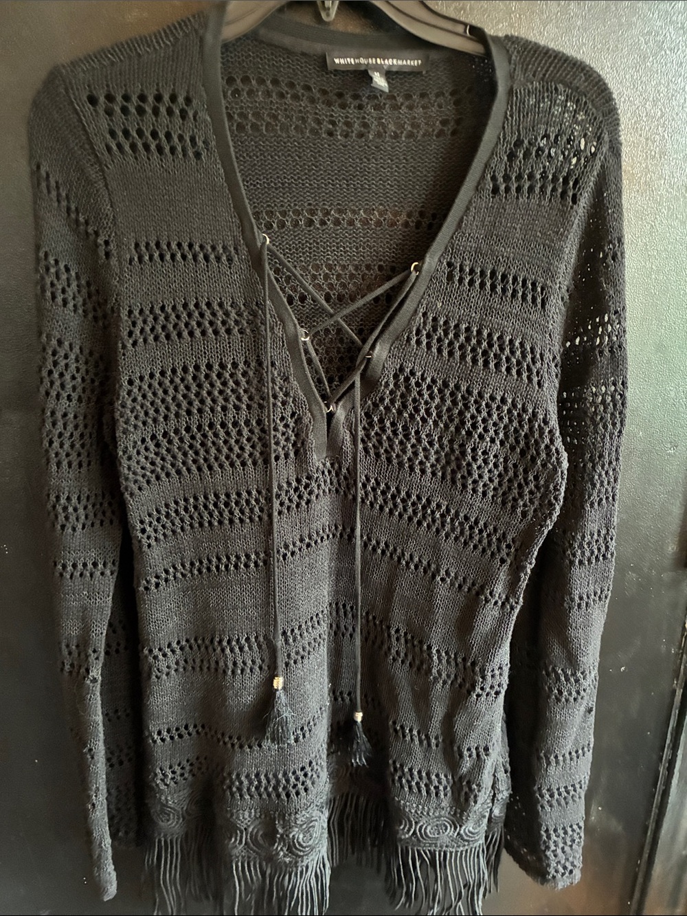 White House Black Market Black Lace-Up Open Knit V-Neck Sweater w Fringe Cotton